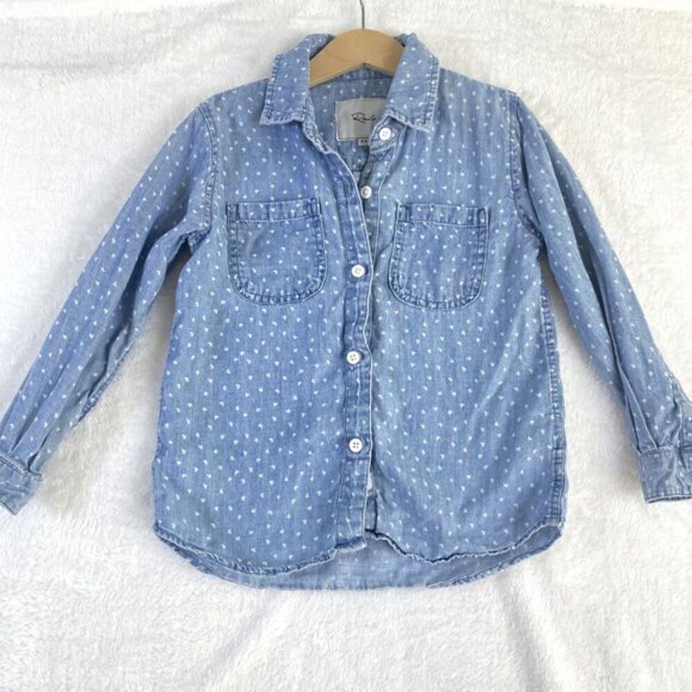 Rails Mini Shirt Girls' Sz 4-5 Y Hearts‎ Chambray Long Sleeve Button Up
